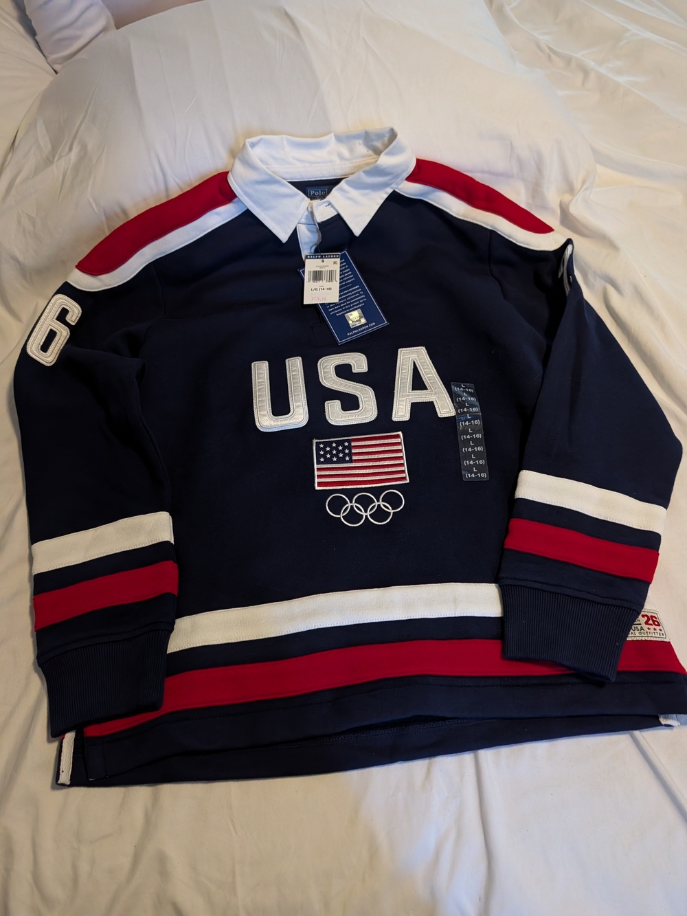 Polo by Ralph Lauren Navy Crewneck Rugby Sweater with Red & White Stripes